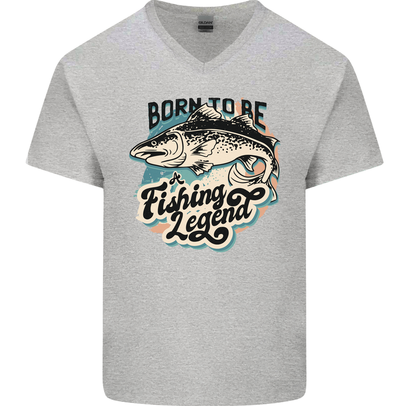 Born to Be a Fishing Legend Fisherman Mens V-Neck Cotton T-Shirt Sports Grey