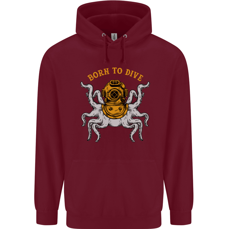 Born to Dive Octopus Scuba Diving Diver Mens 80% Cotton Hoodie Maroon
