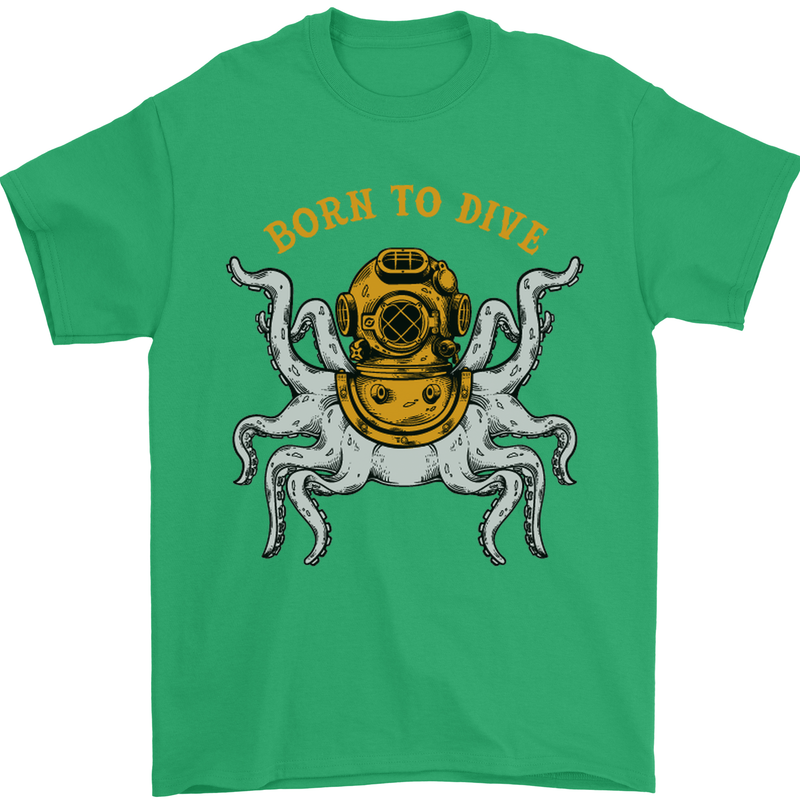 Born to Dive Octopus Scuba Diving Diver Mens T-Shirt Cotton Gildan Irish Green