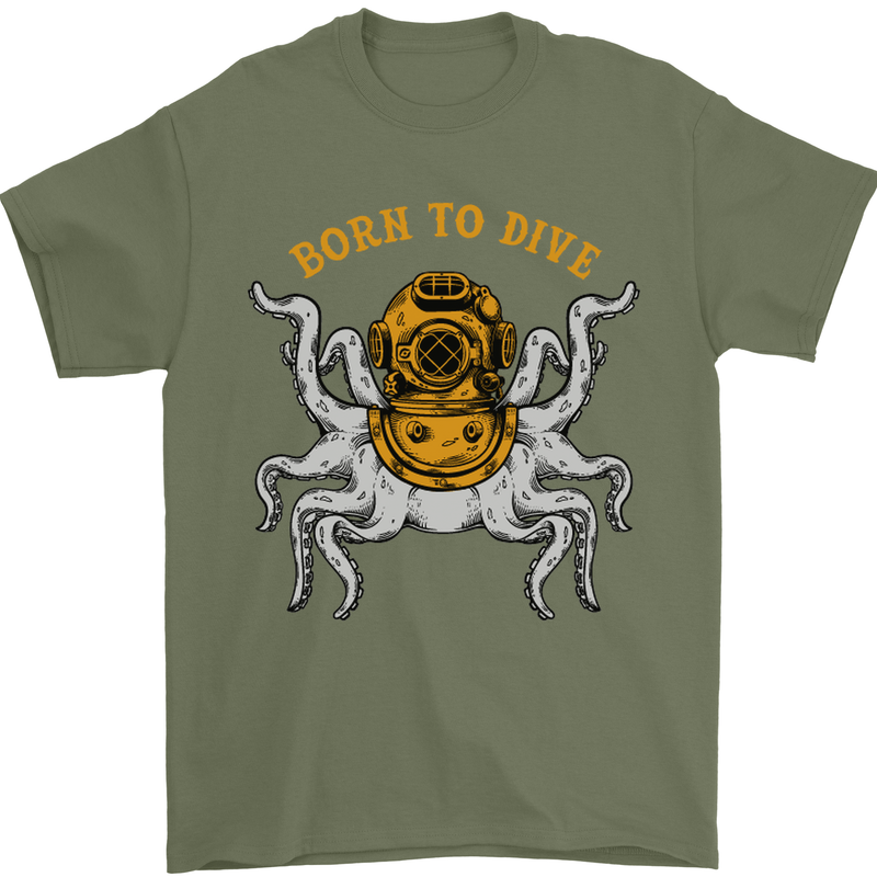 Born to Dive Octopus Scuba Diving Diver Mens T-Shirt Cotton Gildan Military Green