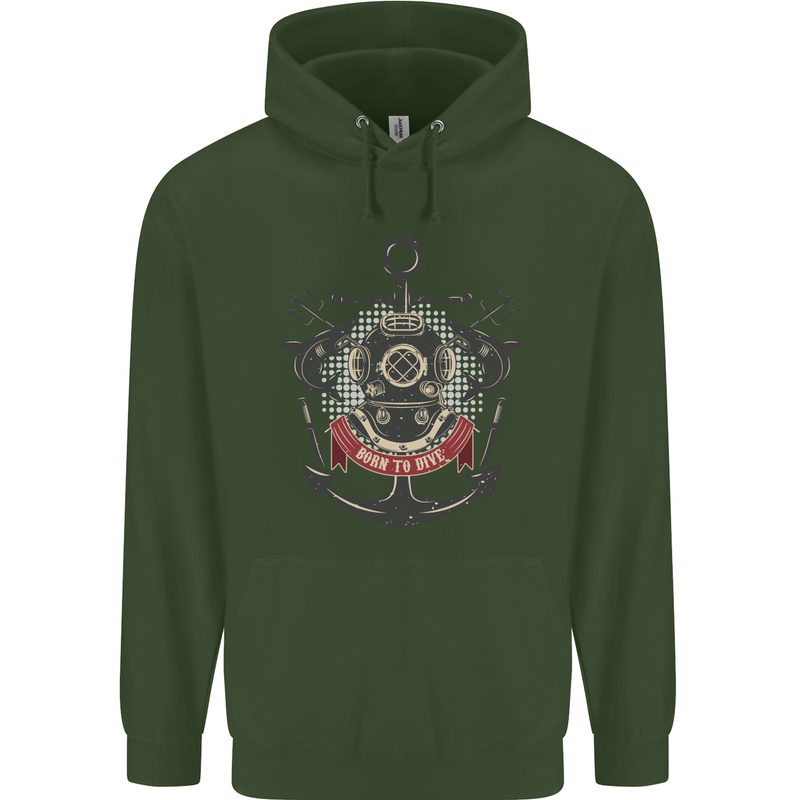 Born to Dive Scuba Diving Diver Childrens Kids Hoodie Forest Green