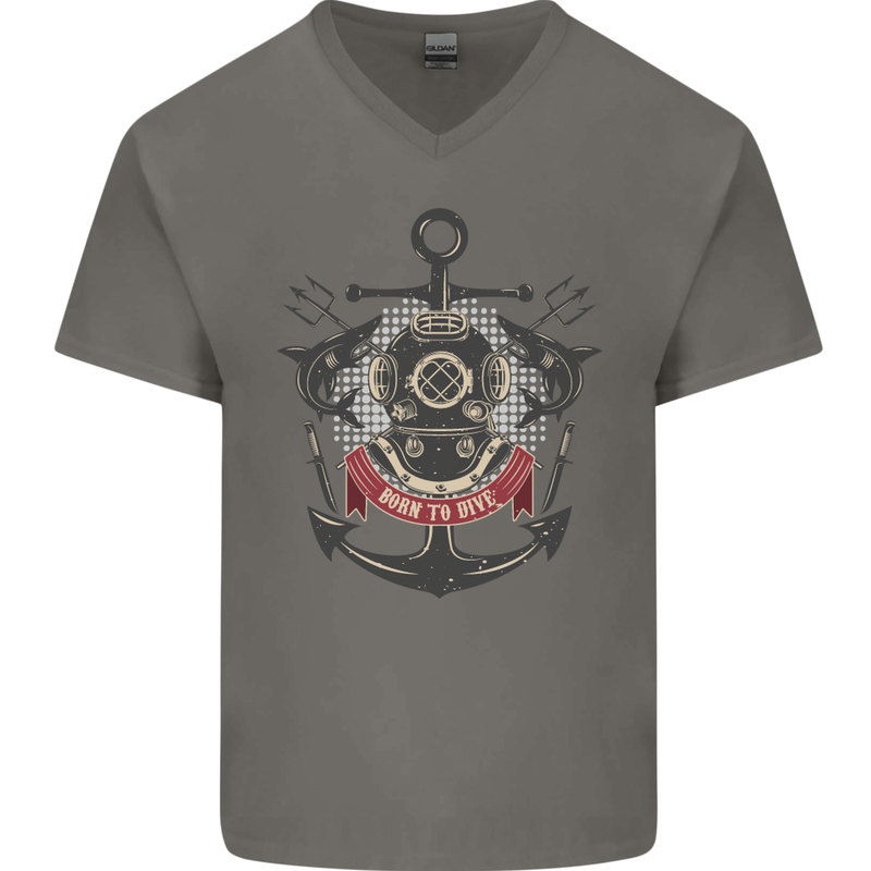 Born to Dive Scuba Diving Diver Mens V-Neck Cotton T-Shirt Charcoal
