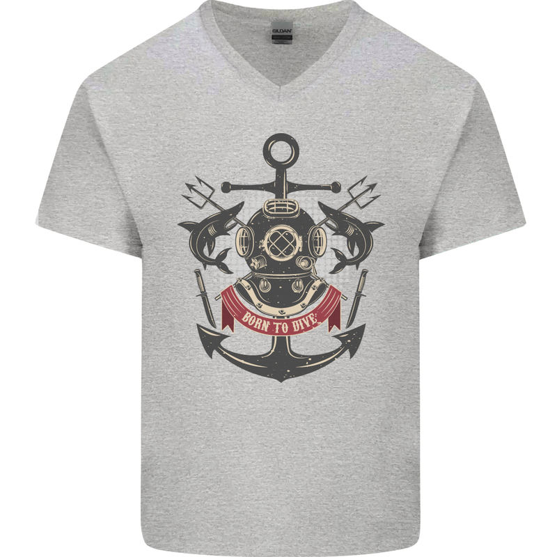 Born to Dive Scuba Diving Diver Mens V-Neck Cotton T-Shirt Sports Grey