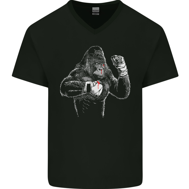 Boxing Gorilla MMA Mixed Martial Arts Boxer Mens V-Neck Cotton T-Shirt Black