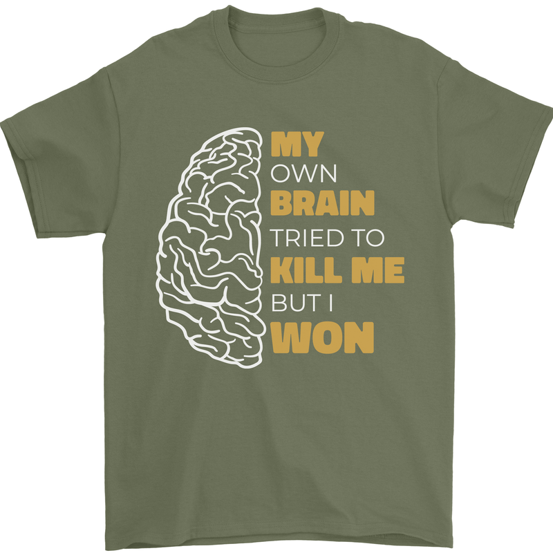 Brain Cancer Aneurysm Awareness Mens T-Shirt 100% Cotton Military Green