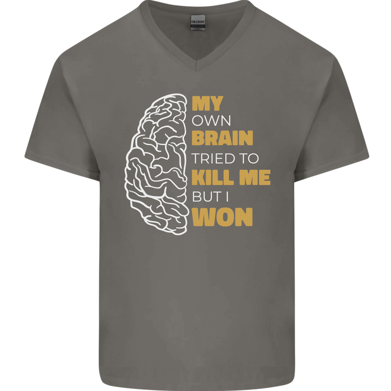 Brain Cancer Aneurysm Awareness Mens V-Neck Cotton T-Shirt Charcoal