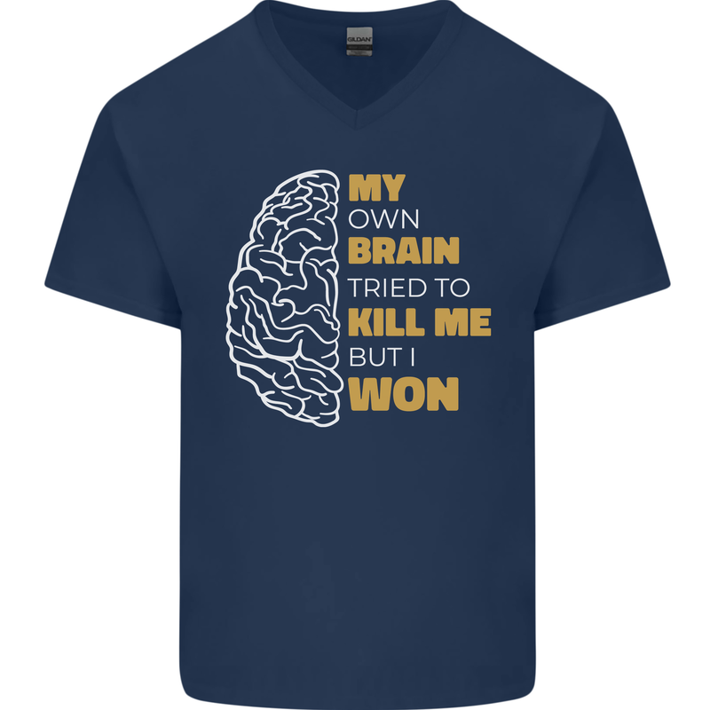 Brain Cancer Aneurysm Awareness Mens V-Neck Cotton T-Shirt Navy Blue