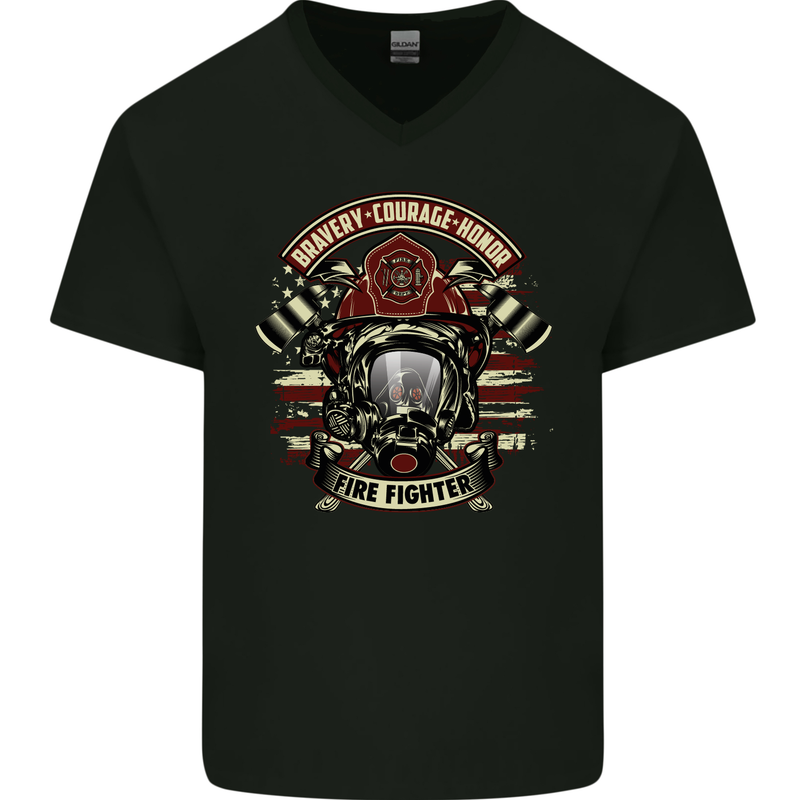 Bravery Courage Honour Firefighter Fireman Mens V-Neck Cotton T-Shirt Black