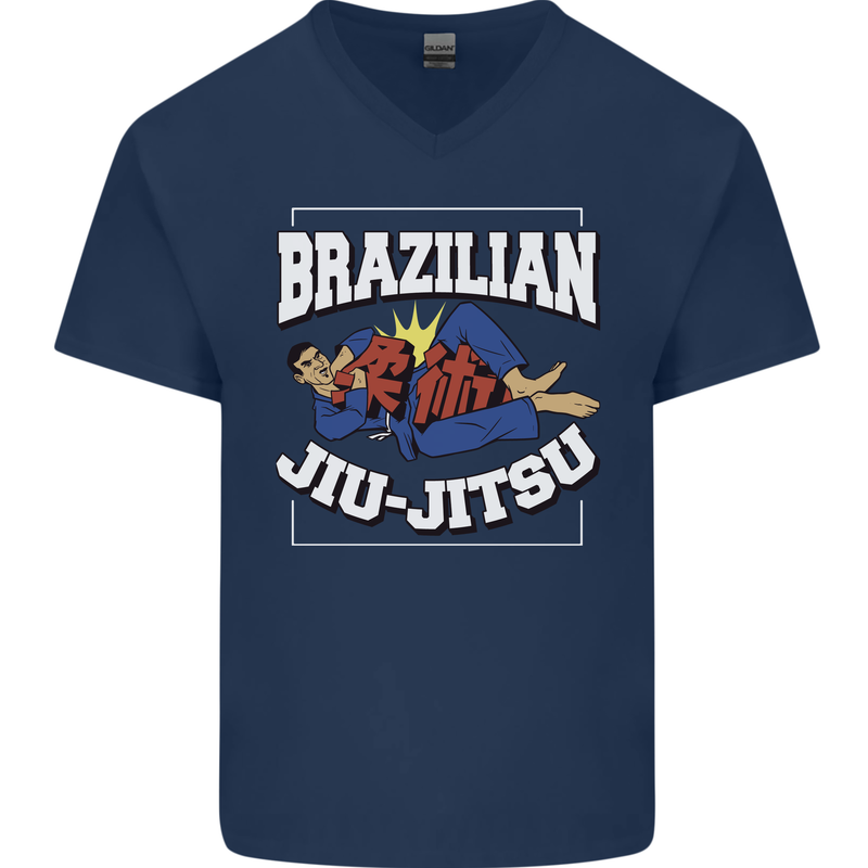 Brazilian Jiu Jitsu Mens V-Neck Cotton T-Shirt Navy Blue