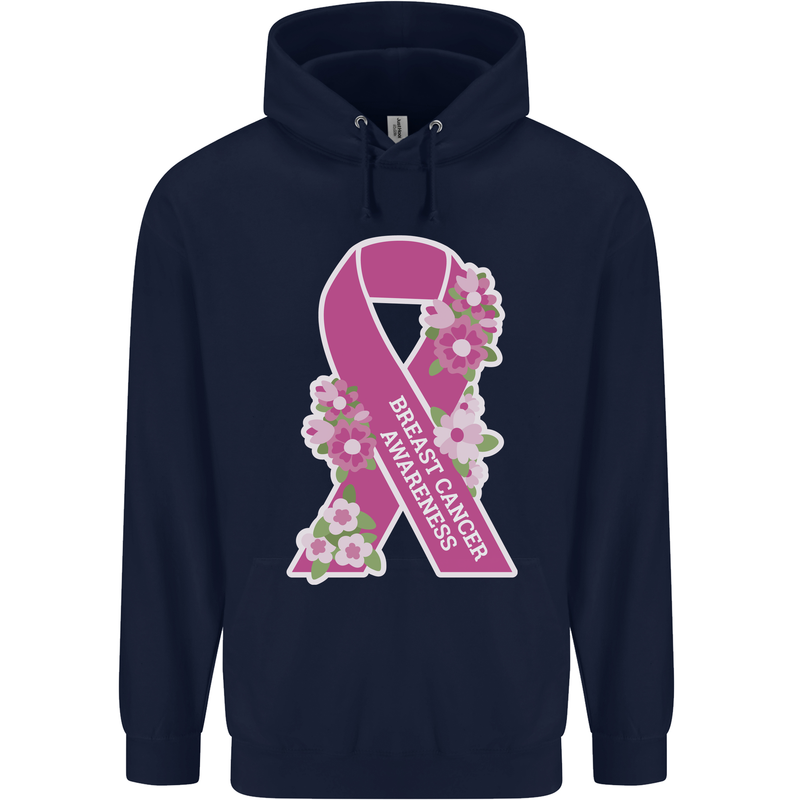 Breast Cancer Awareness Bow Mens 80% Cotton Hoodie Navy Blue