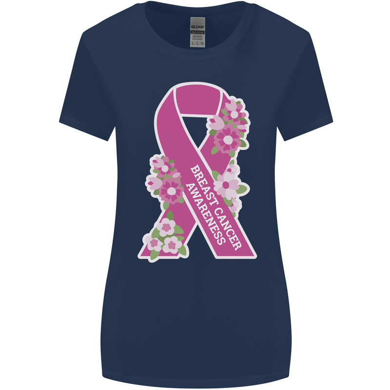 Breast Cancer Awareness Bow Womens Wider Cut T-Shirt Navy Blue