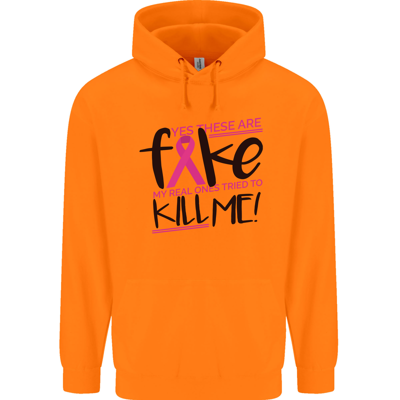 Breast Cancer Awareness Fake Boobs Mens 80% Cotton Hoodie Orange