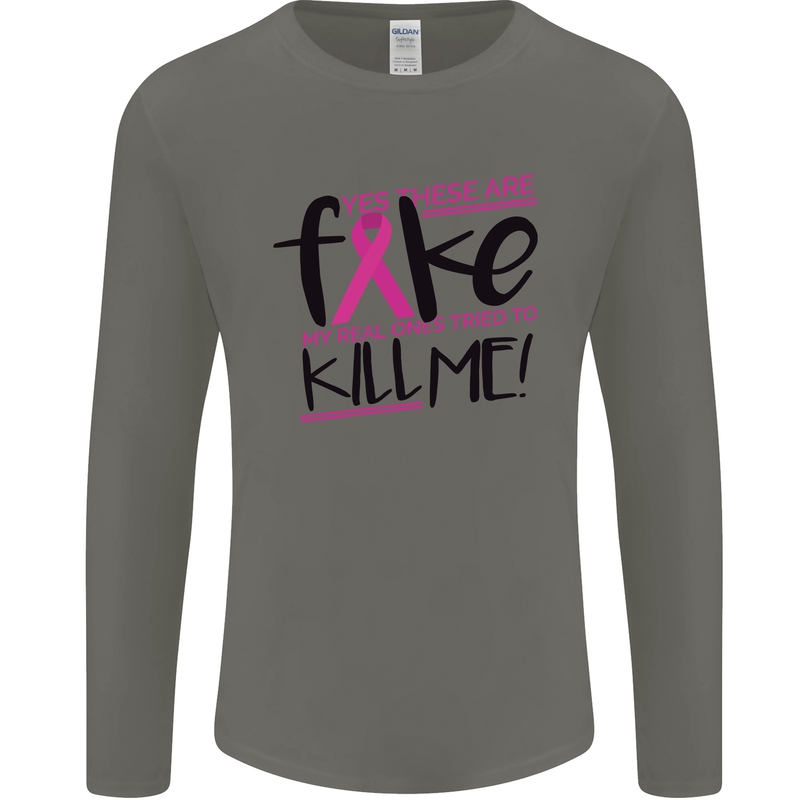 Breast Cancer Awareness Fake Boobs Mens Long Sleeve T-Shirt Charcoal