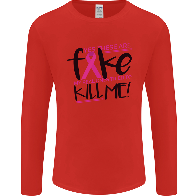 Breast Cancer Awareness Fake Boobs Mens Long Sleeve T-Shirt Red