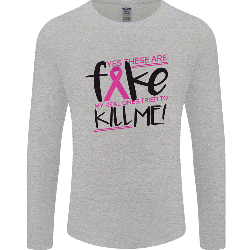 Breast Cancer Awareness Fake Boobs Mens Long Sleeve T-Shirt Sports Grey