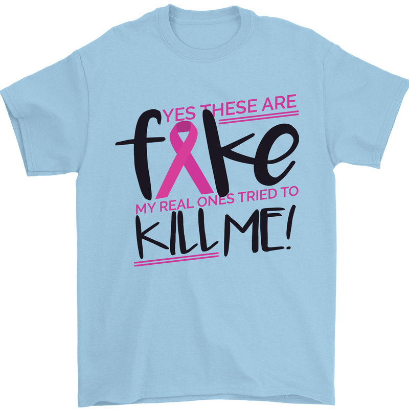 Breast Cancer Awareness Fake Boobs Mens T-Shirt 100% Cotton Light Blue
