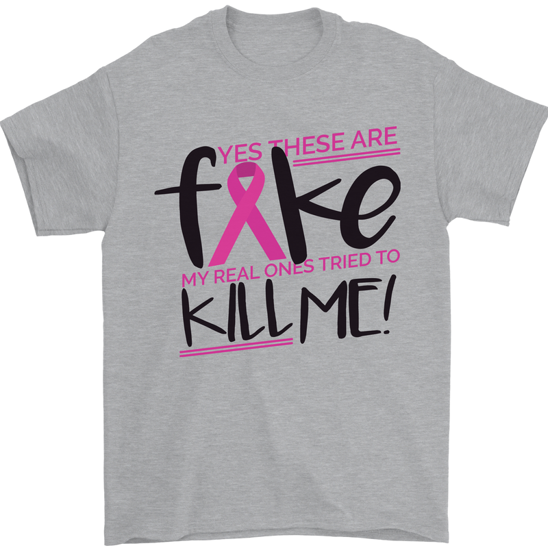 Breast Cancer Awareness Fake Boobs Mens T-Shirt 100% Cotton Sports Grey