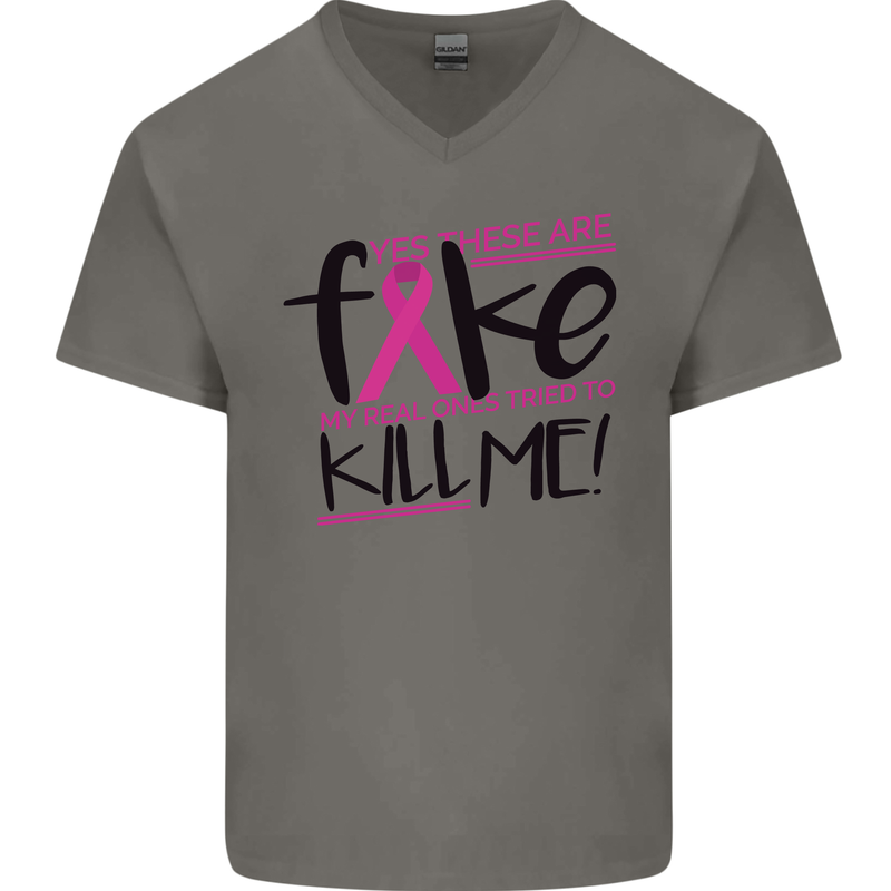 Breast Cancer Awareness Fake Boobs Mens V-Neck Cotton T-Shirt Charcoal