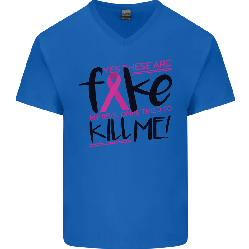 Breast Cancer Awareness Fake Boobs Mens V-Neck Cotton T-Shirt Royal Blue