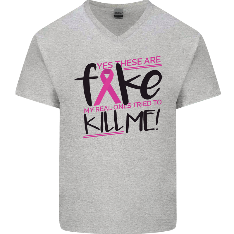 Breast Cancer Awareness Fake Boobs Mens V-Neck Cotton T-Shirt Sports Grey