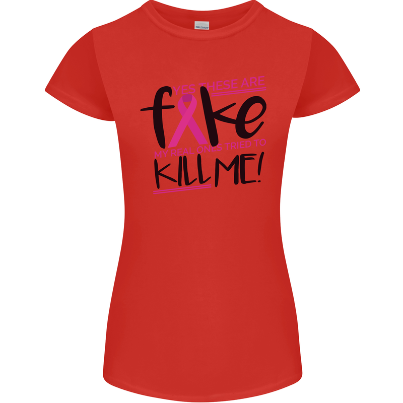 Breast Cancer Awareness Fake Boobs Womens Petite Cut T-Shirt Red