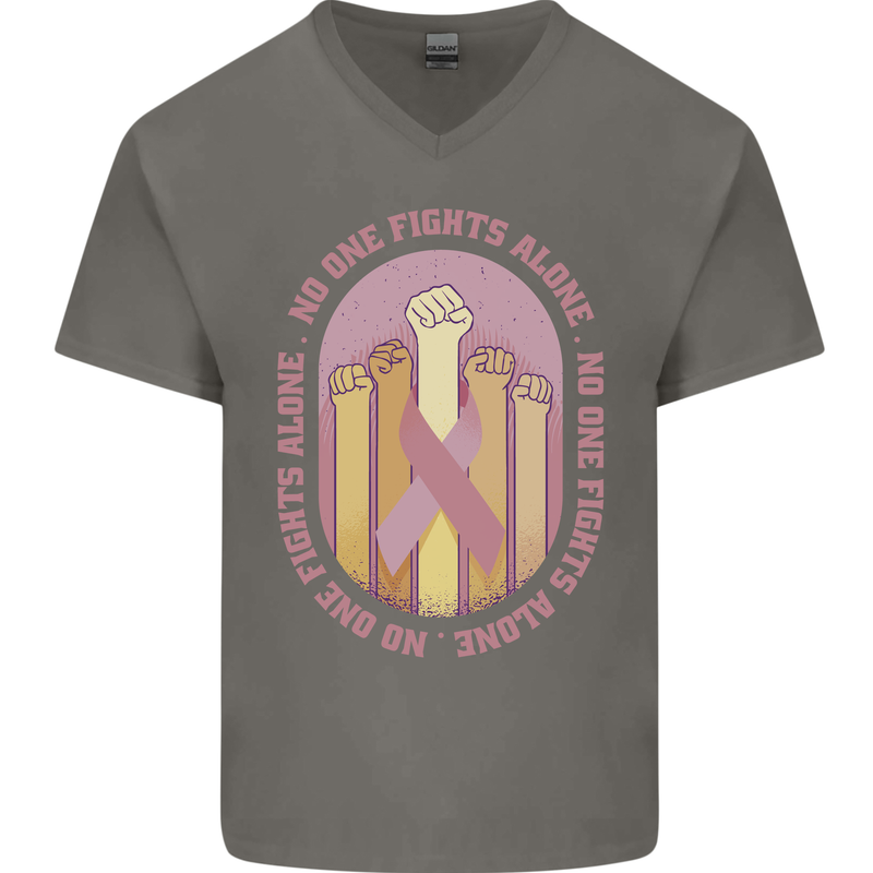 Breast Cancer Awareness Fights Alone Mens V-Neck Cotton T-Shirt Charcoal