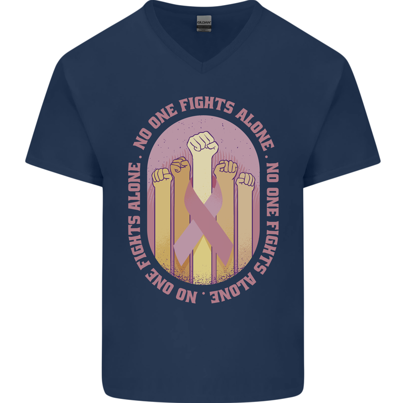 Breast Cancer Awareness Fights Alone Mens V-Neck Cotton T-Shirt Navy Blue