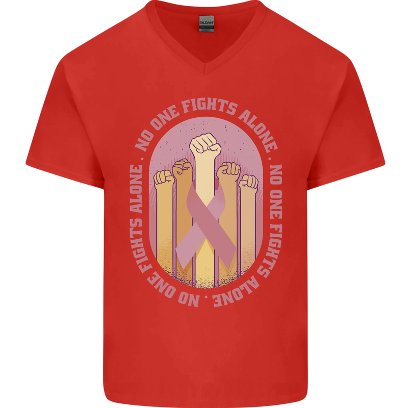Breast Cancer Awareness Fights Alone Mens V-Neck Cotton T-Shirt Red