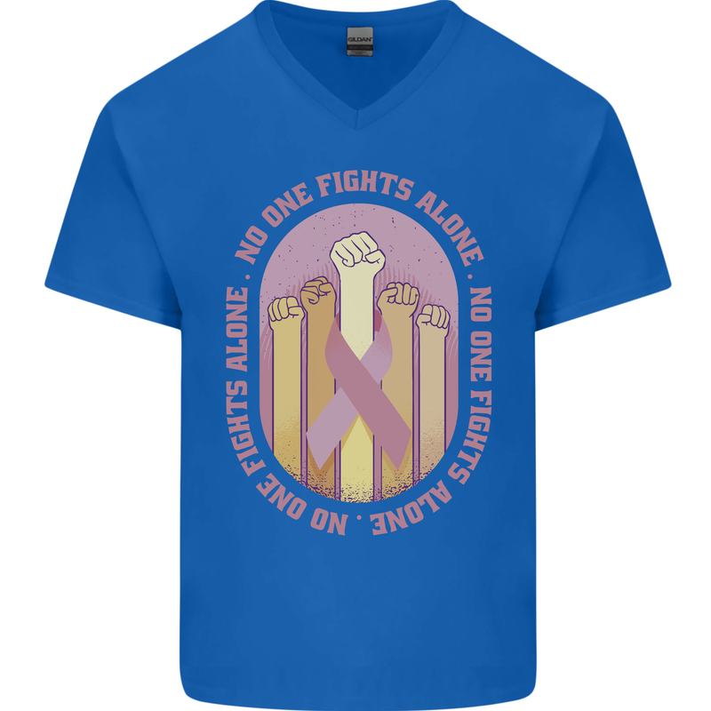 Breast Cancer Awareness Fights Alone Mens V-Neck Cotton T-Shirt Royal Blue