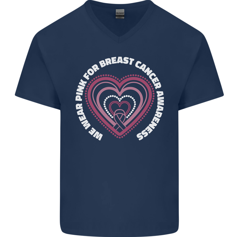 Breast Cancer Awareness I Wear Pink Mens V-Neck Cotton T-Shirt Navy Blue