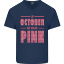 Breast Cancer Awareness In October Pink Mens V-Neck Cotton T-Shirt Navy Blue