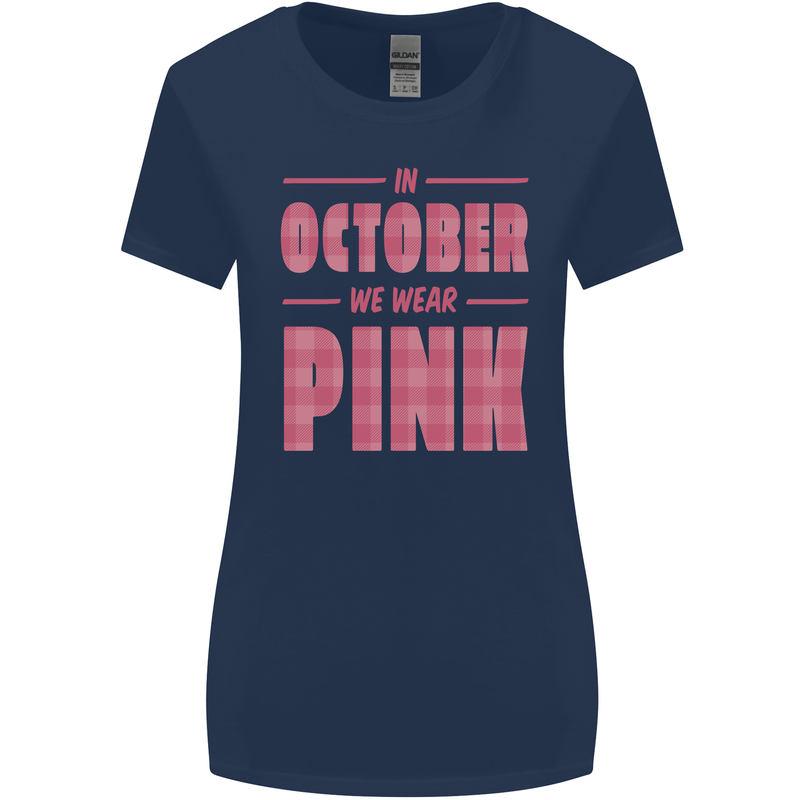 Breast Cancer Awareness In October Pink Womens Wider Cut T-Shirt Navy Blue