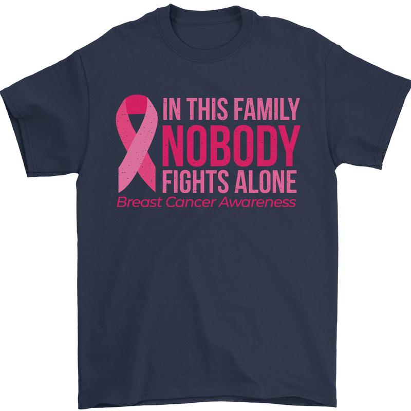 Breast Cancer Awareness Nobody Fights Alone Mens T-Shirt Cotton Gildan Navy Blue