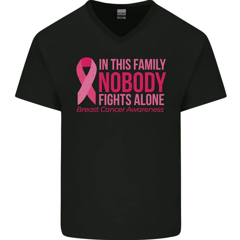 Breast Cancer Awareness Nobody Fights Alone Mens V-Neck Cotton T-Shirt Black