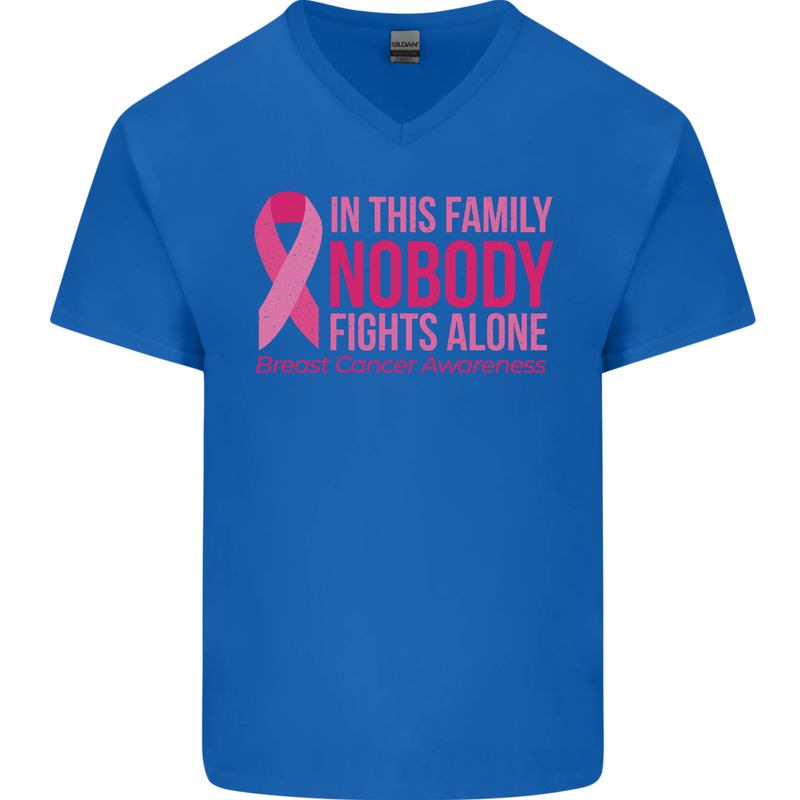 Breast Cancer Awareness Nobody Fights Alone Mens V-Neck Cotton T-Shirt Royal Blue