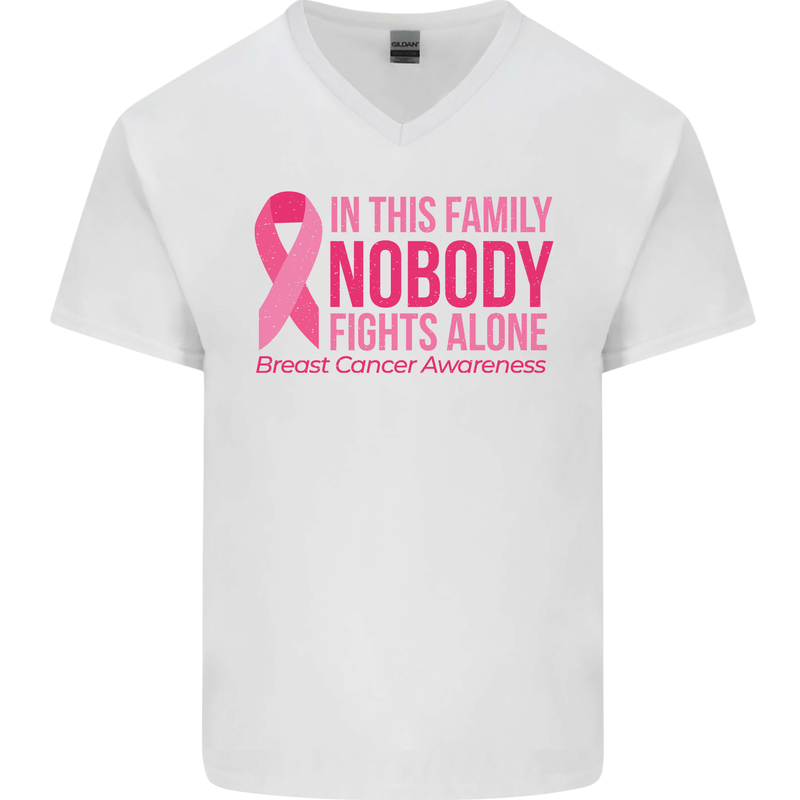 Breast Cancer Awareness Nobody Fights Alone Mens V-Neck Cotton T-Shirt White