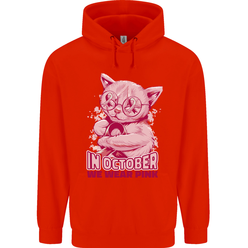 Breast Cancer Awareness October Cat Childrens Kids Hoodie Bright Red