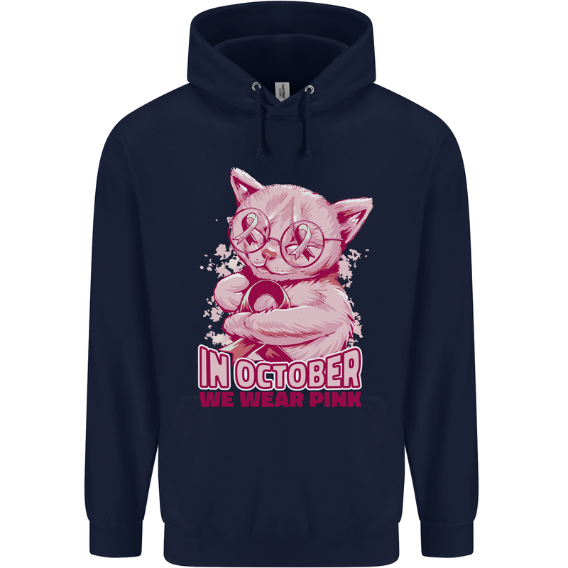 Breast Cancer Awareness October Cat Childrens Kids Hoodie Navy Blue