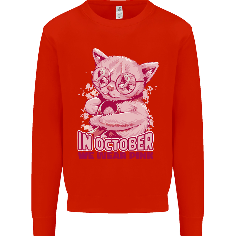Breast Cancer Awareness October Cat Kids Sweatshirt Jumper Bright Red