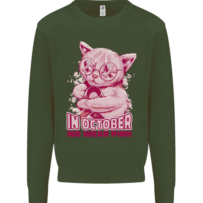 Breast Cancer Awareness October Cat Kids Sweatshirt Jumper Forest Green