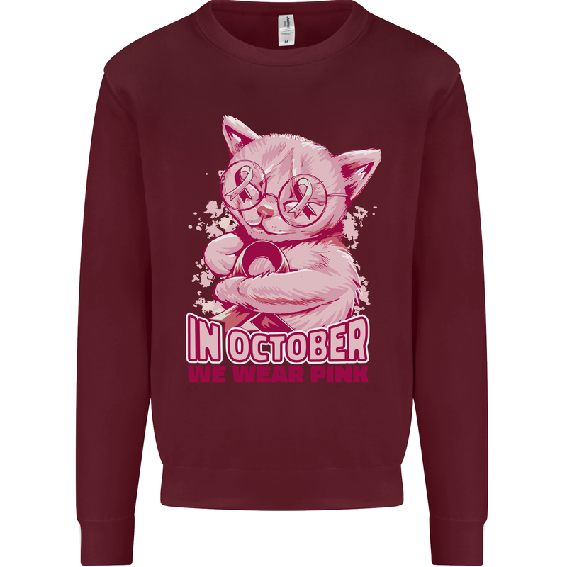 Breast Cancer Awareness October Cat Kids Sweatshirt Jumper Maroon