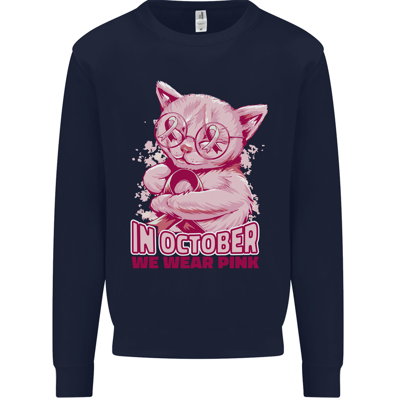 Breast Cancer Awareness October Cat Kids Sweatshirt Jumper Navy Blue