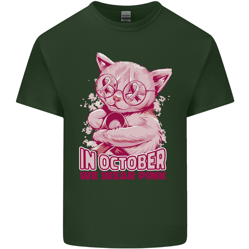Breast Cancer Awareness October Cat Mens Cotton T-Shirt Tee Top Forest Green