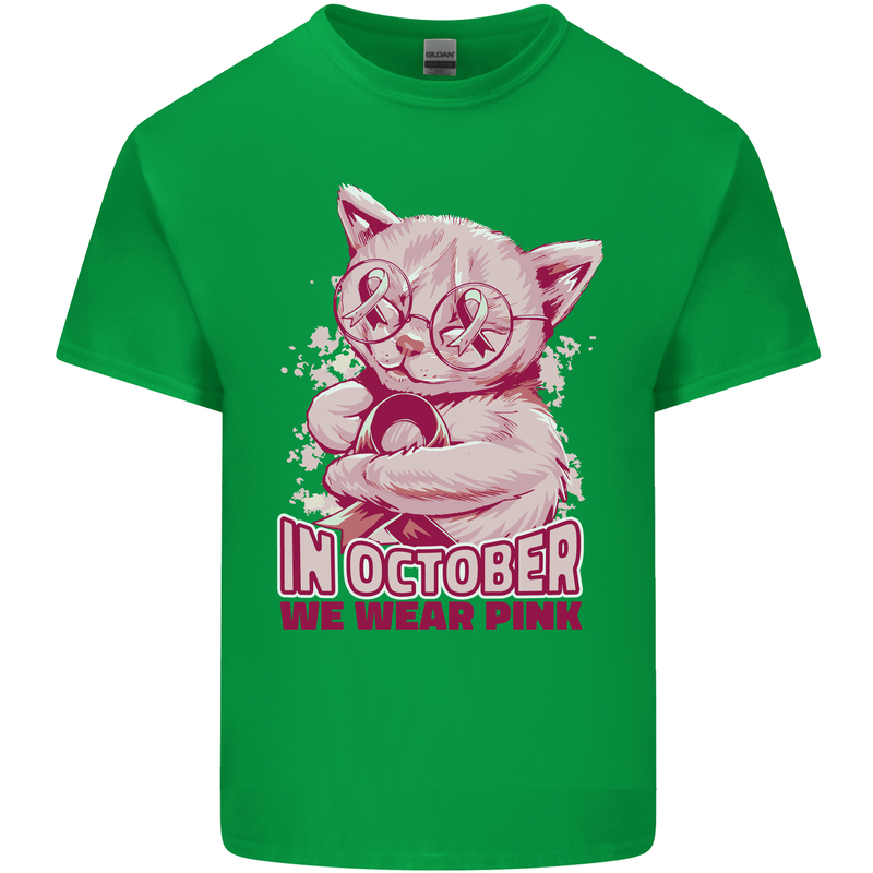 Breast Cancer Awareness October Cat Mens Cotton T-Shirt Tee Top Irish Green