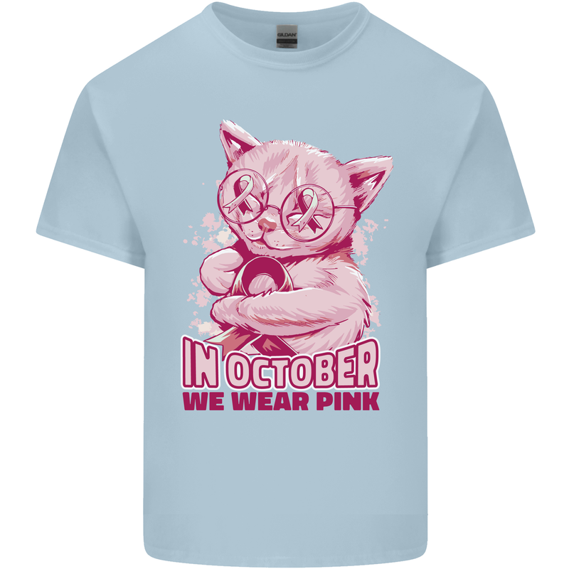 Breast Cancer Awareness October Cat Mens Cotton T-Shirt Tee Top Light Blue