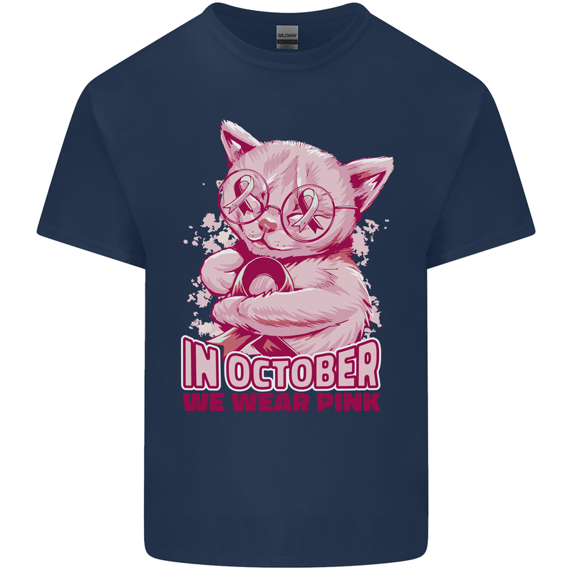 Breast Cancer Awareness October Cat Mens Cotton T-Shirt Tee Top Navy Blue