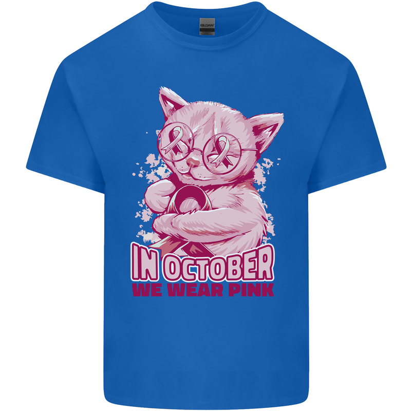 Breast Cancer Awareness October Cat Mens Cotton T-Shirt Tee Top Royal Blue