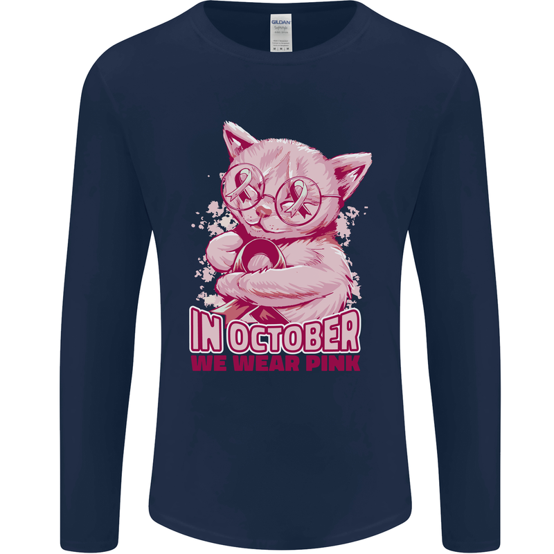 Breast Cancer Awareness October Cat Mens Long Sleeve T-Shirt Navy Blue