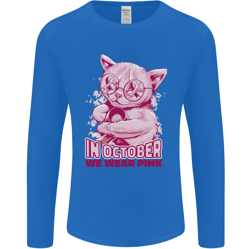 Breast Cancer Awareness October Cat Mens Long Sleeve T-Shirt Royal Blue