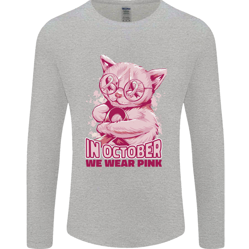 Breast Cancer Awareness October Cat Mens Long Sleeve T-Shirt Sports Grey